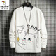 Woodpecker long-sleeved T-shirt men's autumn and winter trendy brand loose round neck bottoming shirt youth casual sports velvet sweatshirt clothes fishing cat white XL