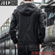 JEEP SPIRIT handsome leather jacket men's hooded slim fit trendy American retro 2025 new leather jacket autumn and winter motorcycle suit 2207 black 2XL