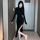 忆静萱（YIJINGXUAN）纯欲辣妹女人味显胸大显身材圆领连衣裙长袖高开叉包臀长裙子夜店 主图款 M 95-105斤