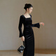 Chu Chan Clothes Mo Qi New Chinese Style Velvet Dress Women 2025 Autumn New Slim Fit Hepburn Style Little Black Dress Black M (Pre-order)