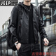 JEEP SPIRIT handsome leather jacket men's hooded slim fit trendy American retro 2025 new leather jacket autumn and winter motorcycle suit 2207 black 2XL