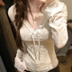 Miao Yijia white t-shirt women's long-sleeved v-neck right shoulder top for outer wear 2025 autumn new slimming bottoming shirt slim fit for inner wear Pure desire style apricot lace v-neck long-sleeved top One size fits all Recommended 115Jin Jin equals 0.5kg