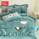 Hongdou 2025 new autumn and winter baby velvet bow patch embroidered bed cover style four-piece set light luxury elegant lace design bow patch embroidery - lake green four-piece set 1.5 bed cover style (quilt cover 200*230cm)