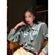 Lu Qingyi original curly haze retro glossy satin shirt women's autumn and winter design ruffled casual top champagne color M photo wear