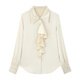 Lu Qingyi original curly haze retro glossy satin shirt women's autumn and winter design ruffled casual top champagne color M photo wear