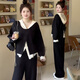 Fantan fat mm three-piece set spring and autumn plus size women's loose belly-covering sweatshirt lace top wide-leg pants suit for women black top + lace bottoming + casual pants (three-piece set) 3XL - recommended 160-190Jin Jin is equal to 0.5 kg