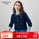 Komenboca 2025 autumn and winter new double-layer round neck cardigan women's contrast color cardigan coat long-sleeved knitted sweater top Navy L