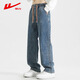 Pull-back jeans for men in winter plus velvet to keep warm American straight pants for men loose wide-leg casual trousers