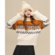 Betu Women's 2025 Winter New Sweater Retro Contrast Color Jacquard Simple Slim Round Neck Top Women 2511T46 Orange M