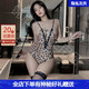 Manyan sexy lingerie, tight pajamas, one-piece leopard print, no need to take off straps to leak breasts, SM outing training underwear for women, safe, one-piece + black fishnet stockings, one size fits all
