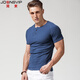 
Simple Henry shirt short-sleeved T-shirt men's solid color cotton open tie buckle Henry neckline thread tight body shirt summer blue M (about 60kg)