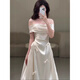 Grosfairy French satin other shoulder light wedding dress bride 2025 new style welcome door veil simple engagement dress white L