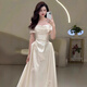 Grosfairy French satin other shoulder light wedding dress bride 2025 new style welcome door veil simple engagement dress white L