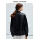 VEGA CHANG Black Leather Jacket Women's Autumn Small American Retro Versatile Leather Jacket Motorcycle Black S