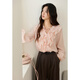 Mystery Show pink fungus ruffled shirt 2025 autumn new V-neck tie design lantern sleeve sweet top pink top M