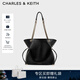 CHARLES&KEITH large capacity soft drawstring chain lucky bag bag tote bag women's bag ladies birthday gift CK2-20782654 Black black L