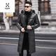 Matchstick extra long knee-length leather jacket for men, sheepskin jacket, hooded leather windbreaker, fur collar, thickened leather jacket, winter trendy black M