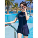 Women's Swimwear Summer Large Size Conservative Split Two-piece Set with Breast Pad Splicing Student Sports Hot Spring Swimwear Navy + Swimming Goggles + Nose Clip Earplugs M_Recommended 75-95Jin Jin equals 0.5kg