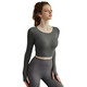 Yoga wear with chest pad for women, autumn and winter running beauty back sports long-sleeved suit Pilates training fitness top beige M