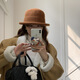 Zhenxi curled edge winter hat women's wool fisherman hat autumn and winter new high-end warm and face-showing small top hat dome hat brown caramel (including wool)