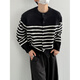 Lanlingfang autumn and winter Korean style fashionable vintage Henry collar contrast striped sweater cardigan for men and women loose simple knitted jacket trendy black striped M