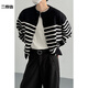 Lanlingfang autumn and winter Korean style fashionable vintage Henry collar contrast striped sweater cardigan for men and women loose simple knitted jacket trendy black striped M
