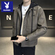 Playboy leather jacket for men 2025 new autumn and winter trendy brand handsome American fake two-piece detachable hooded plus fleece leather jacket light brown 4XL