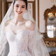 Meianjia French one-shoulder long-sleeved lace fishtail light wedding dress new bride petite high-end travel photo door veil small tail 2XL