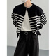 Lanlingfang autumn and winter Korean style fashionable vintage Henry collar contrast striped sweater cardigan for men and women loose simple knitted jacket trendy black striped M