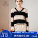 Pash Cashmere Sweater Women's 100% Cashmere Autumn and Winter V-neck Single Yarn Loose Striped Knitted Sweater TY-3134 Green Velvet + Black One Size