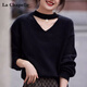 La Chapelle zodiac year red v-neck sweater for women in autumn and winter, long-sleeved bottoming shirt, halter neck knitted top, black, one size