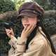 LeCali beret women's autumn and winter warm Maillard coffee color retro suede face-showing small belt octagonal newsboy hat