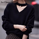 La Chapelle zodiac year red v-neck sweater for women in autumn and winter, long-sleeved bottoming shirt, halter neck knitted top, black, one size