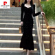 Pierre Cardin New Year's shirt Hepburn style velvet little black dress temperament slim dress long skirt French hip dress women autumn and winter black M 100-110Jin Jin is equal to 0.5 kg
