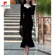 Pierre Cardin New Year's shirt Hepburn style velvet little black dress temperament slim dress long skirt French hip dress women autumn and winter black M 100-110Jin Jin is equal to 0.5 kg