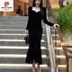 Pierre Cardin New Year's shirt Hepburn style velvet little black dress temperament slim dress long skirt French hip dress women autumn and winter black M 100-110Jin Jin is equal to 0.5 kg