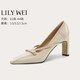 Lily Wei 渃栠 French retro fashion high heels elegant temperament single shoes large size thick heel 414243 rice apricot color heel height 7.5cm 34
