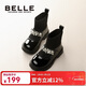 Belle Children's Shoes Girls Princess Boots 2024 Autumn Short Boots Mary Jane Shoes Stretch Socks Boots Obsidian Black 30