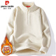 Pierre Cardin half-zip sweatshirt for men in autumn and winter loose half turtleneck long-sleeved T-shirt for men with fleece warm base layer off-white XL