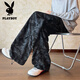 Playboy (PLAYBOY) American high street pleated casual pants for men in spring, plus size, trendy fat people, loose drawstring straight wide leg camouflage pants, gray M