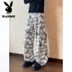 Playboy (PLAYBOY) American high street pleated casual pants for men in spring, plus size, trendy fat people, loose drawstring straight wide leg camouflage pants, gray M