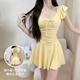 Bangboshi one-piece skirt-style swimsuit for women 2025 winter new hot spring slimming belly-covering high-end small breast push-up vacation swimsuit swimsuit bow lemon yellow one size fits (80-110)