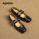 Augu Shiden Mary Jane shoes for women spring new style retro temperament versatile ballet style shallow low heel single shoes square toe pig nose women's shoes P561129 black 35