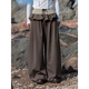 Hanoufei Nomad Series Saotome Keiko saotome Japanese retro ruffle knitted splicing wide-leg trousers brown low-waisted style S
