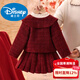 Disney girls autumn and winter plus velvet red New Year's greetings dress small fragrance suit girl princess style one-year-old dress short skirt two-piece set red suit plus velvet 110 cm