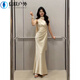 MPPMCK engagement dress high-end light luxury niche high-end dressing gown female bride temperament socialite off-shoulder satin dress champagne color (including ribbon) S
