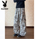 Playboy (PLAYBOY) American high street pleated casual pants for men in spring, plus size, trendy fat people, loose drawstring straight wide leg camouflage pants, gray M