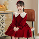 G.duck Girls Velvet Dress 2026 Spring and Autumn New Children's Birthday Princess Dress Baby Girl Clothes High-End Dress Dress Red Velvet Dress + Pearl Headband 120 cm