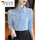 Woodpecker (TUCANO) Fashionable Embroidered Cotton Velvet Shirt Women's 2026 Spring and Autumn Clothing New Long Sleeve Cotton Shirt Women's Fashion Tops Blue S