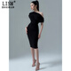 LISM designer international light luxury brand asymmetric off-shoulder sexy sparkling silk black elegant hip-hugging dress skirt black S